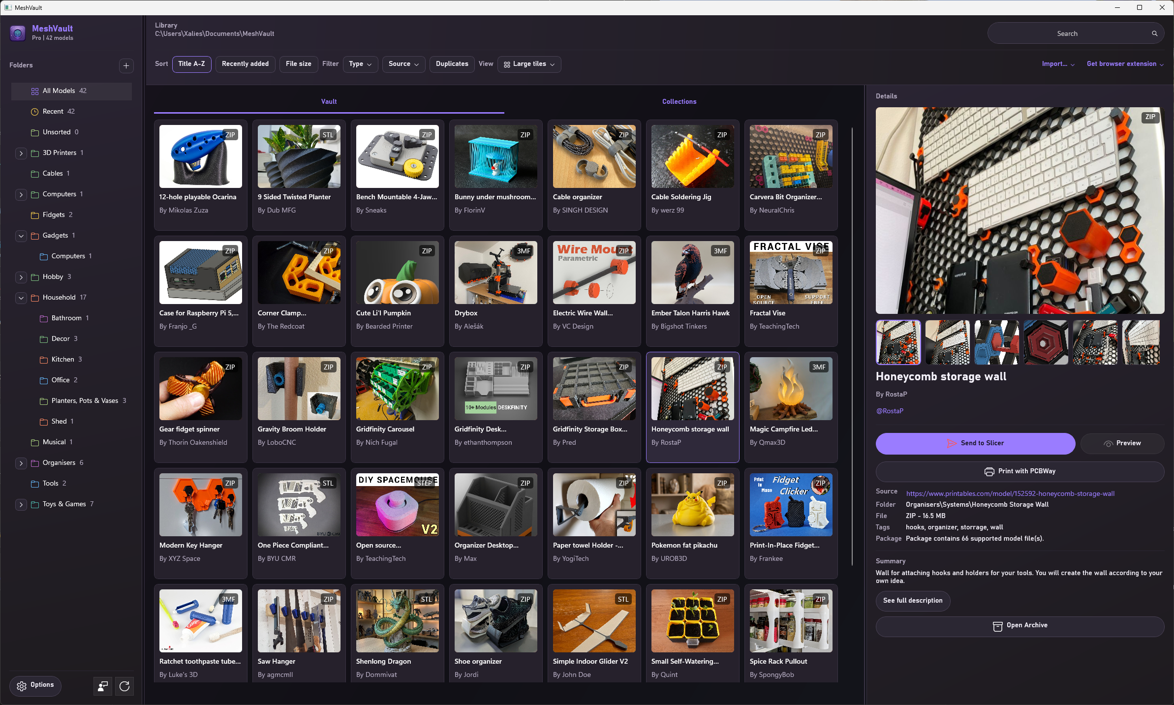 MeshVault Windows library showing model tiles and metadata