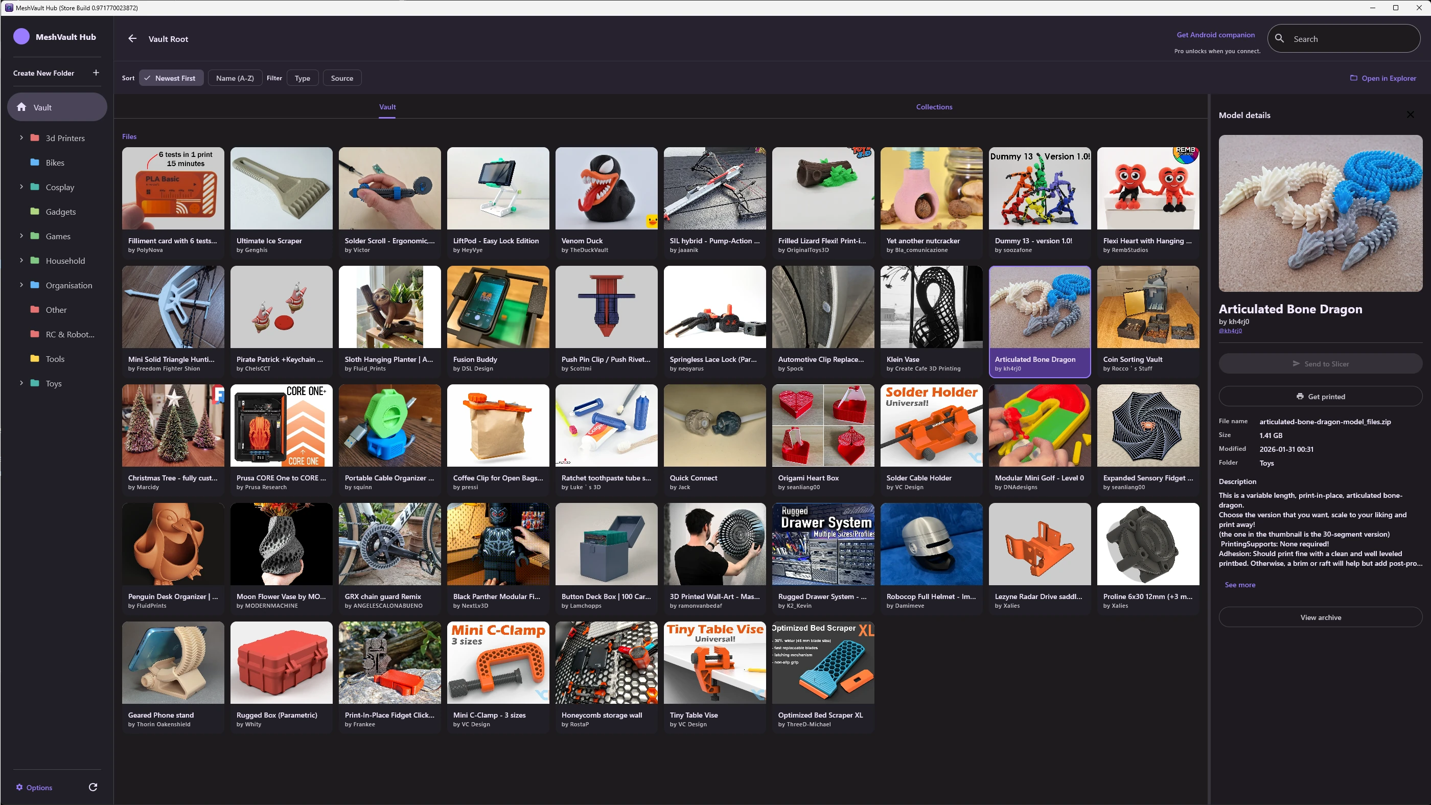 MeshVault Windows desktop library manager showing STL, 3MF and model thumbnails