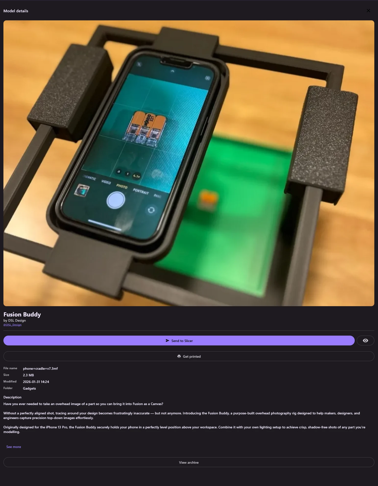 MeshVault desktop library manager showing model details
