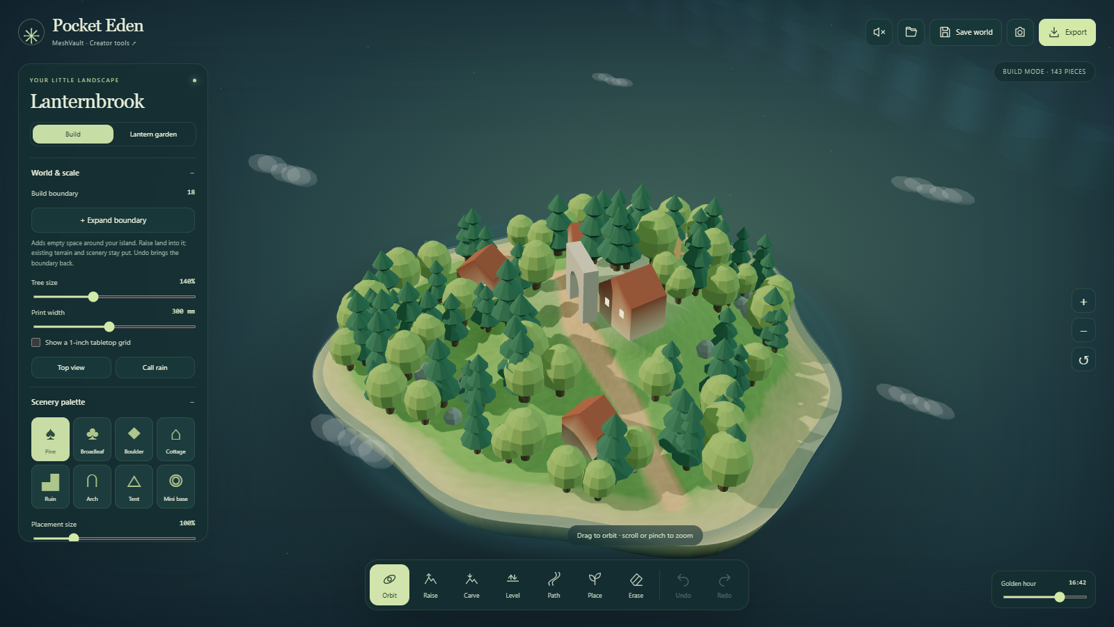 Pocket Eden landscape studio with teal controls and a woodland village