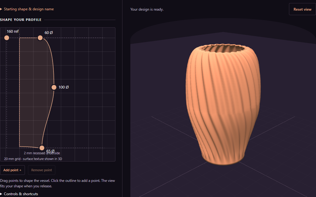 Vessel Studio profile editor and live 3D vase preview